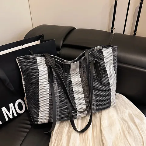 Bolso de Mano de Lona con Rayas Verticales de Moda de Gran Capacidad para Mujer Bolso de Hombro Casual Minimalista