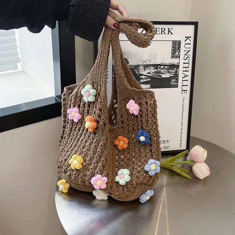 Handmade Crochet Floral Woven Tote Bag For Women Hollow Mesh Summer Beach Shoulder Bag Casual Straw Hat Vacation Handbag