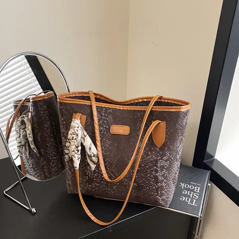 Große Kapazität Damen Schlangenmuster Tragetasche PU Leder Schultertasche Mit Dekorativem Satin Schal Mode Urbaner Pendler Handtasche