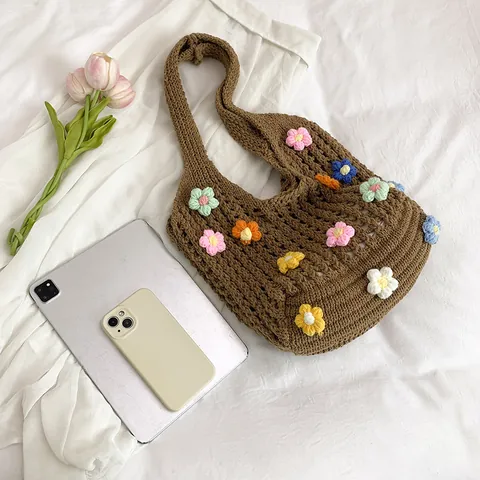 Handmade Crochet Floral Woven Tote Bag For Women Hollow Mesh Summer Beach Shoulder Bag Casual Straw Hat Vacation Handbag