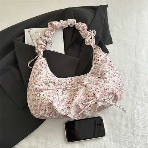 Bolso Hobo Floral Plisado para Mujer Decoración Lazo Hombro Sobaco Gran Capacidad Nylon Cloud Bag para Diario Vacaciones