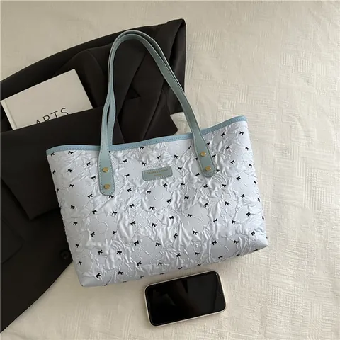 Borsa Tote Donna Chic Stampa Fiocco in Seersucker Trapuntata Texture a Bolle Sottobraccio Borsa a Tracolla Grande Capacità Pendolare Quotidiana