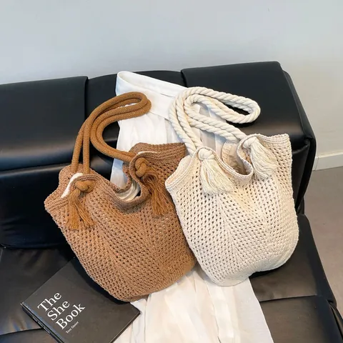 Damen Casual Handgewebte Häkel Tragetasche Mit Quasten Seilgriff Bohemian Große Kapazität Sommer Strand Schultertasche