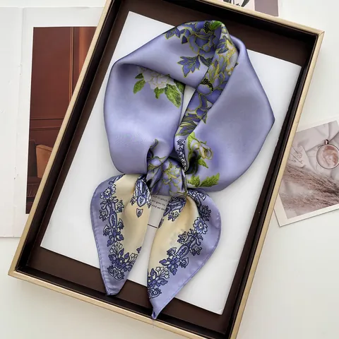 Elegant Peony Floral Print Satin Square Scarf Lavender Purple French Retro Women Neck Scarf Handkerchief Headscarf Neckerchief