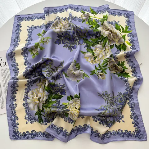 Elegant Peony Floral Print Satin Square Scarf Lavender Purple French Retro Women Neck Scarf Handkerchief Headscarf Neckerchief