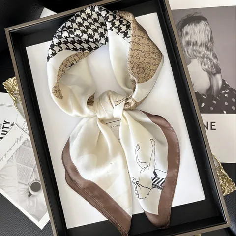 Vintage French Style Satin Square Scarf Horse Houndstooth Print Equestrian Hair Band Bag Wrap For Women Accessory