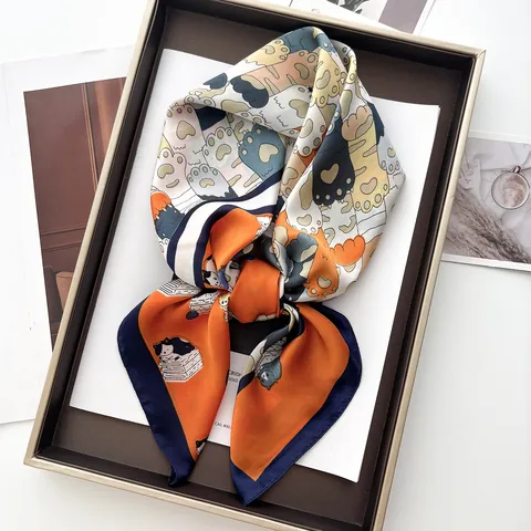 Foulard Quadrato in Satin da Donna Giocoso Stampa Gatto del Fumetto Zampa di Gatto Sciarpa Morbida e Liscia Accessori per Capelli per Quotidiano Viaggio