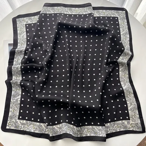 Pañuelo Cuadrado de Satén Elegante con Lunares y Estampado Paisley para Mujer Negro Blanco Bufanda de Moda Diadema