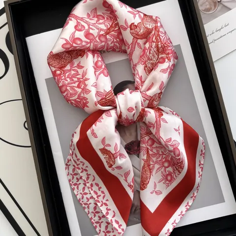 French Style Satin Floral Square Scarf Elegant Botanical Bird Print Hair Band Bag Accessory Decorative Neck Wrap For Women
