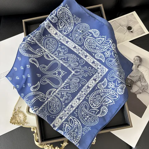 Boho Paisley Druck Satin Quadratisches Tuch Elegant Blau Seidiges Gefühl Halstuch Für Damen Kopftuch Taschen Zubehör