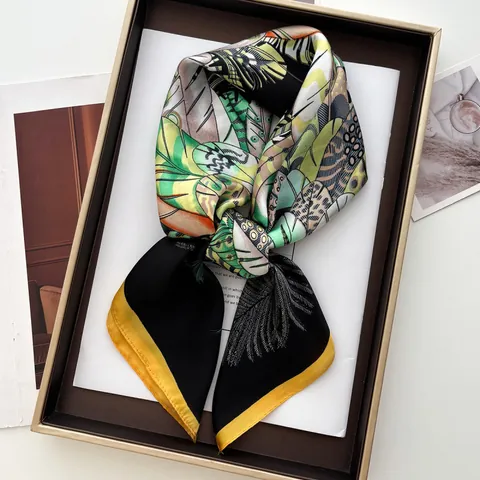 Women Satin Square Scarf Leaf Feather Print Elegant Neck Scarf Fashion Headscarf Handkerchief For Office Travel Daily Accessories