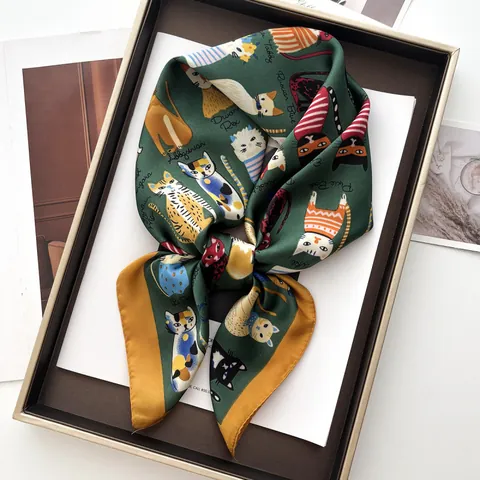 Foulard Quadrato in Satin da Donna Giocoso Stampa Gatto del Fumetto Zampa di Gatto Sciarpa Morbida e Liscia Accessori per Capelli per Quotidiano Viaggio