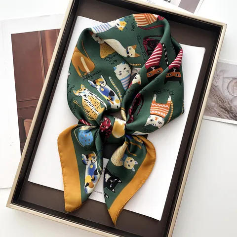 Foulard Quadrato in Satin da Donna Giocoso Stampa Gatto del Fumetto Zampa di Gatto Sciarpa Morbida e Liscia Accessori per Capelli per Quotidiano Viaggio