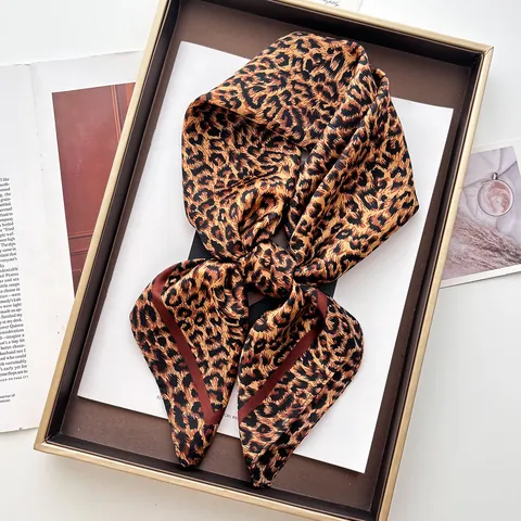 Women Fashion Leopard Print Satin Square Scarf Elegant Silk Like Neck Scarf Chic Animal Pattern Shawl Headscarf Accessories