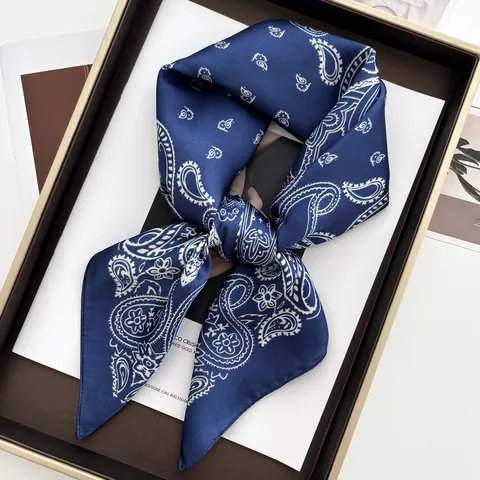 Boho Paisley Druck Satin Quadratisches Tuch Elegant Blau Seidiges Gefühl Halstuch Für Damen Kopftuch Taschen Zubehör