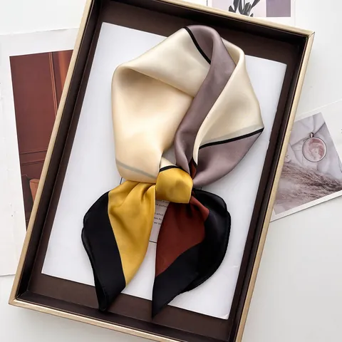 Fashion Satin Square Scarf For Women Geometric Color Block Print Silk Like Bandana Headscarf Rolled Edge Sun Protection Neck Scarf