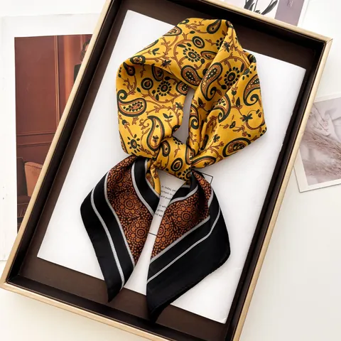 Vintage Paisley Print Satin Square Scarf For Women Silk-like Professional Neck Scarf Elegant Floral Headwrap Accessory