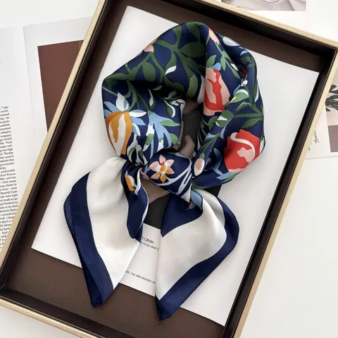 Elegant Floral Butterfly Print Satin Square Scarf For Women French Retro Style Sun Protection Neck Scarf Shawl Fashion Accessories