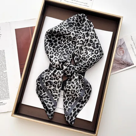 Women Fashion Leopard Print Satin Square Scarf Elegant Silk Like Neck Scarf Chic Animal Pattern Shawl Headscarf Accessories