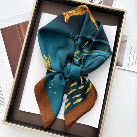 Artistic Oil Painting Satin Square Scarf For Women Vintage Deer Tree Print Neck Scarf Elegant Decorative Head Scarf Shawl