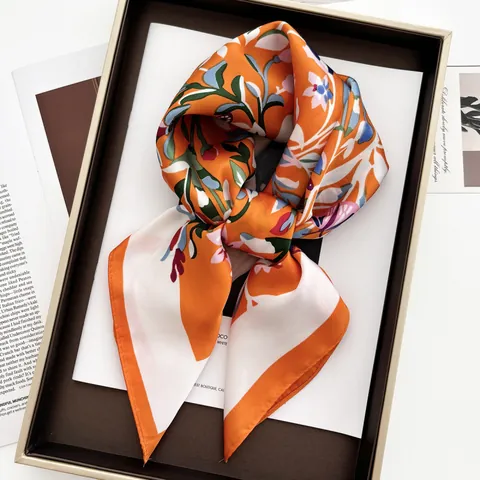 Elegant Floral Butterfly Print Satin Square Scarf For Women French Retro Style Sun Protection Neck Scarf Shawl Fashion Accessories