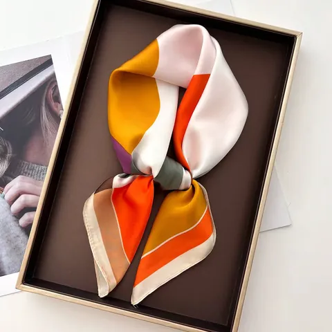 Fashion Satin Square Scarf For Women Geometric Color Block Print Silk Like Bandana Headscarf Rolled Edge Sun Protection Neck Scarf