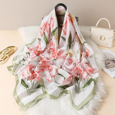 Écharpe Élégante en Satin pour Femme Imprimé Floral Grand Châle Enveloppement Toucher Soie Motif Tulipe Lys Léger Accessoires Mode Cadeau