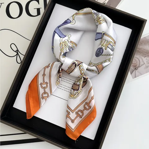 Vintage Satin Square Scarf For Women Chain Leather Belt Equestrian Print Professional Business Neck Scarf Chic Bag Tie Accessory