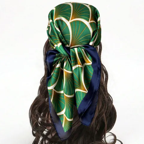 Donna Lusso Raso Poliestere Sciarpa Quadrata Verde Motivo a Ventaglio Seta Elegante Collo Avvolgere Decorativo Moda Foulard Regalo Accessorio