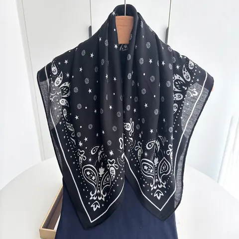 Vintage Paisley Star Pattern Square Scarf Women Cotton Linen Blend Thin Neck Wrap Bandana Bohemian Headwrap Shawl