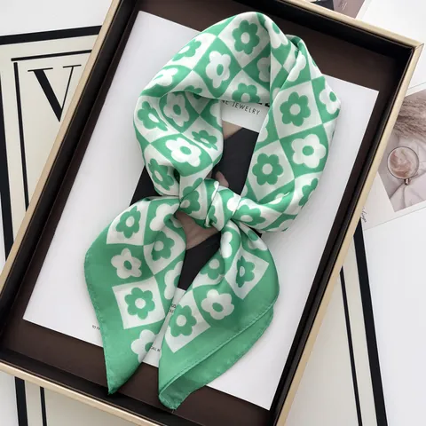 Carré de Soie Satin pour Femmes Vert Clair Damier Floral Élégant Sensation Soie Foulard de Tête Accessoire de Cou