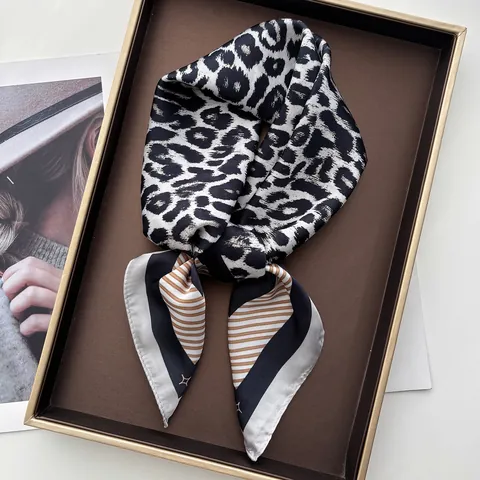 Women Leopard Print Satin Scarf Striped Border Square Neck Scarf Fashion Hair Band Head Scarf Elegant Decorative Foulard