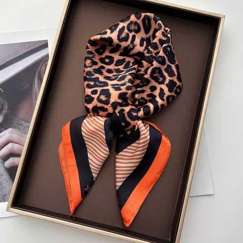 Women Leopard Print Satin Scarf Striped Border Square Neck Scarf Fashion Hair Band Head Scarf Elegant Decorative Foulard