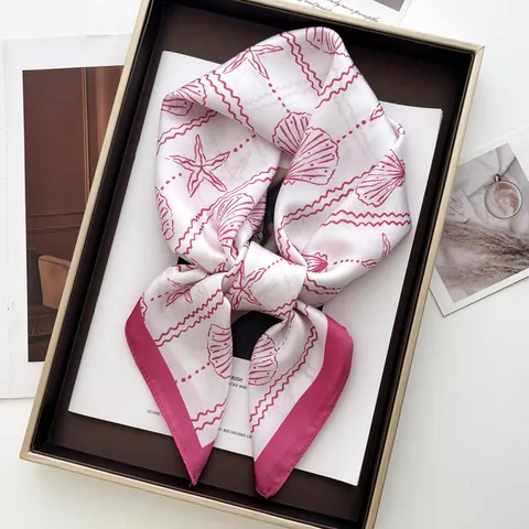 Women Elegant Satin Square Scarf Ocean Theme Shell Starfish Print Fashion Head Scarf Hair Bag Decor Neck Scarf Accessory