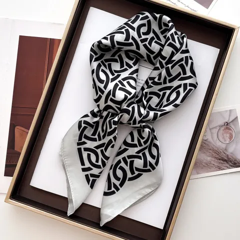 Geometric Interlocking Pattern Satin Square Scarf For Women Elegant Black White Silver Silk-Feel Neck Scarf Accessories