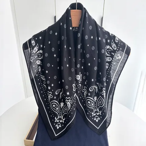 Vintage Paisley Star Pattern Square Scarf Women Cotton Linen Blend Thin Neck Wrap Bandana Bohemian Headwrap Shawl