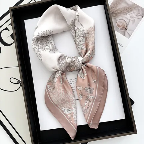 Carré de Soie Femme Vintage Imprimé Marguerite Floral Satin Scarf Élégant Foulard de Cou Effet Soie Cadeau Maman Accessoire Printemps