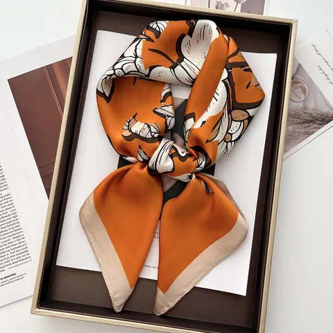 French Retro Magnolia Floral Print Satin Square Scarf For Women Elegant Silk Like Neck Scarf Shawl Hair Band Head Wrap