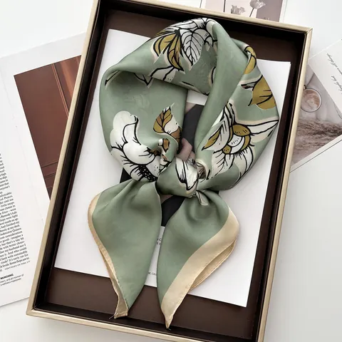 French Retro Magnolia Floral Print Satin Square Scarf For Women Elegant Silk Like Neck Scarf Shawl Hair Band Head Wrap