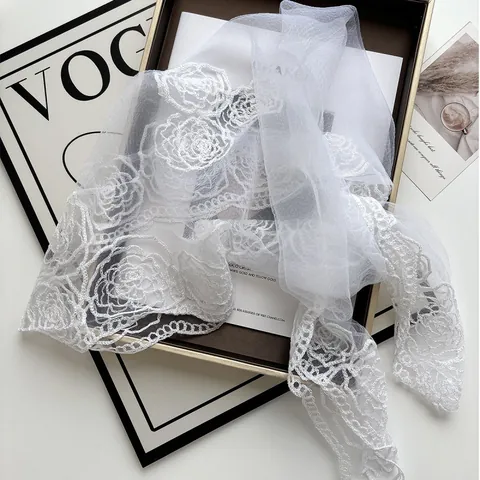 Elegant White Lace Rose Floral Embroidery Scarf Shawl For Women Wedding Bridal Mesh Square Headscarf Vintage Hollow Out Wrap