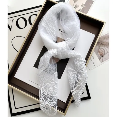 Elegant White Lace Rose Floral Embroidery Scarf Shawl For Women Wedding Bridal Mesh Square Headscarf Vintage Hollow Out Wrap