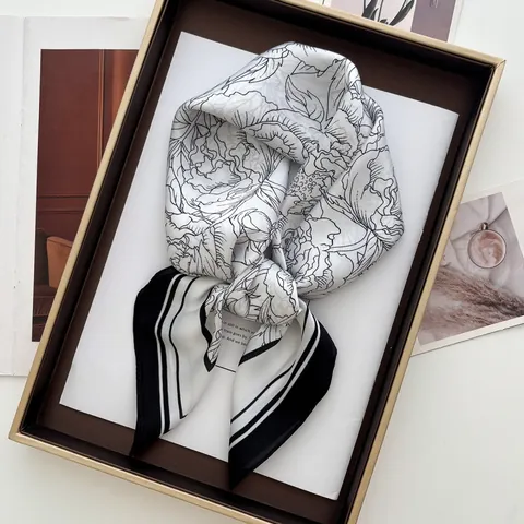 Floral Print Satin Square Scarf For Women Elegant Stripe Border Silk Like Neckerchief Hair Band Bag Tie Fashion Accessory