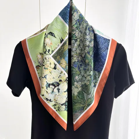 Women Artistic Van Gogh Oil Painting Print Square Satin Scarf Vintage Floral Decorative Neck Scarf Handkerchief Accessory
