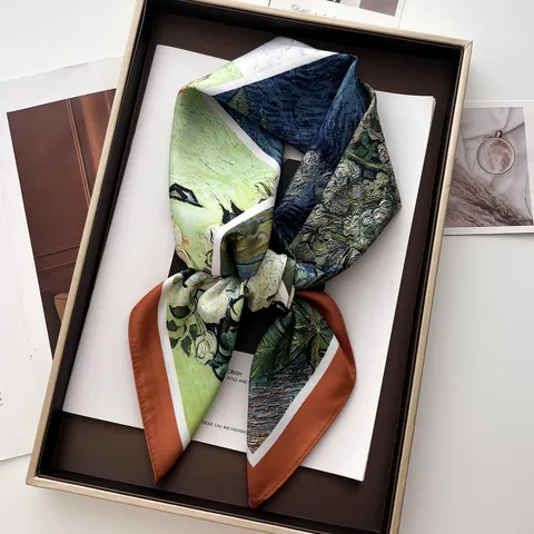Women Artistic Van Gogh Oil Painting Print Square Satin Scarf Vintage Floral Decorative Neck Scarf Handkerchief Accessory