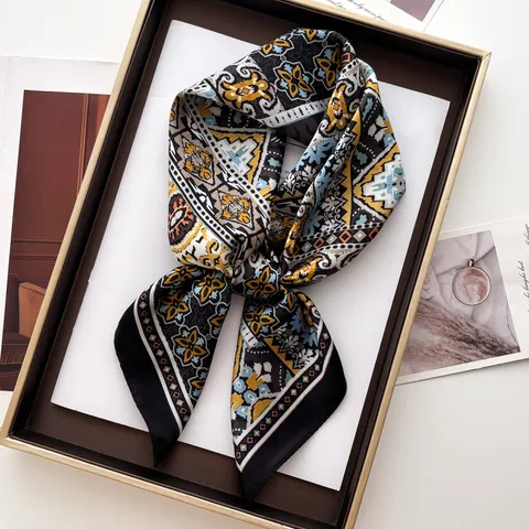 Vintage Geometric Pattern Square Scarf Elegant Satin Neck Scarf For Women Bohemian Floral Print Wrap Fashion Accessories