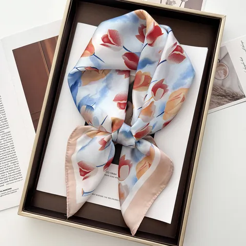 Elegant Tulip Floral Print Satin Square Scarf For Women Silk-Like Fashionable Head Scarf Hair Band Neck Shawl Accessories