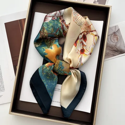 Elegant Floral Print Satin Square Scarf For Women Silk Feel Neck Head Scarf Lightweight Fashion Wrap Decorative Accessories