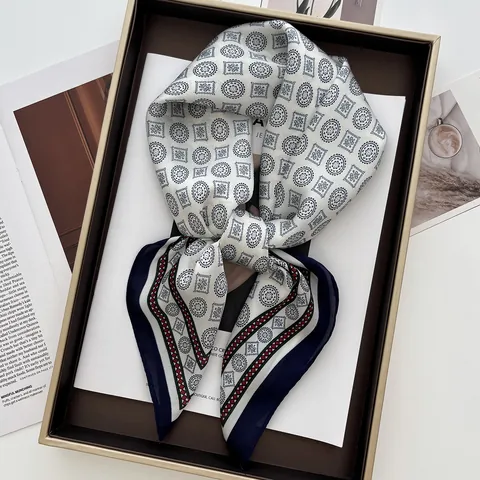 Elegant Satin Geometric Print Square Scarf For Women Retro Navy White Red Pattern Silk Feeling Neck Scarf Head Scarf Daily
