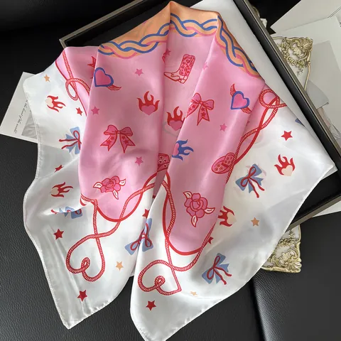 Vintage French Square Satin Scarf For Women Pink White Floral Print Head Scarf Sweet Bow Cowboy Boot Vacation Hair Accessory