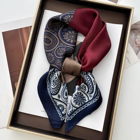 Women Retro Paisley Patchwork Satin Scarf Elegant Square Neck Wrap Lightweight Polyester Printed Accessories Navy Red